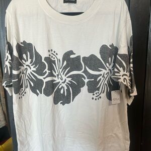Free People White Tee with Black Floral Design oversized